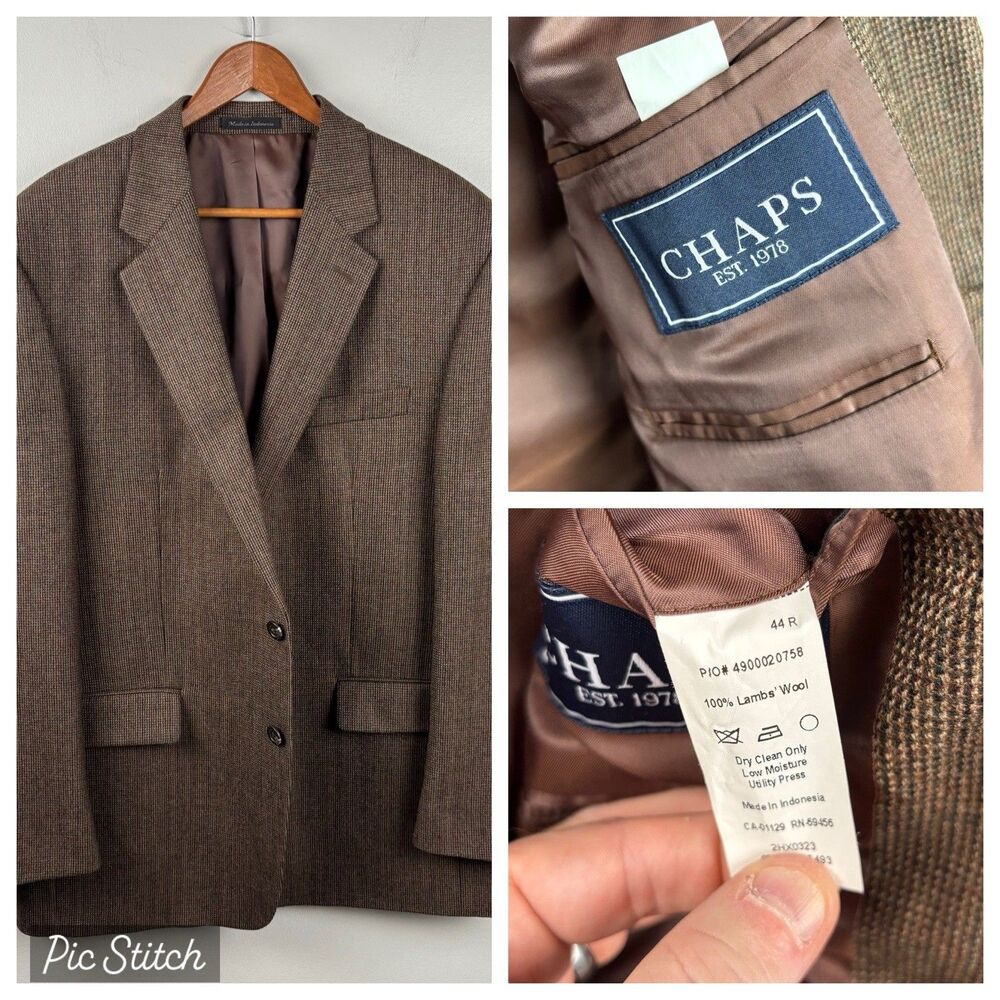 Chaps Ralph Lauren Sport Coat Mens 44R Brown Blue Lambs Wool Herringbone Blazer